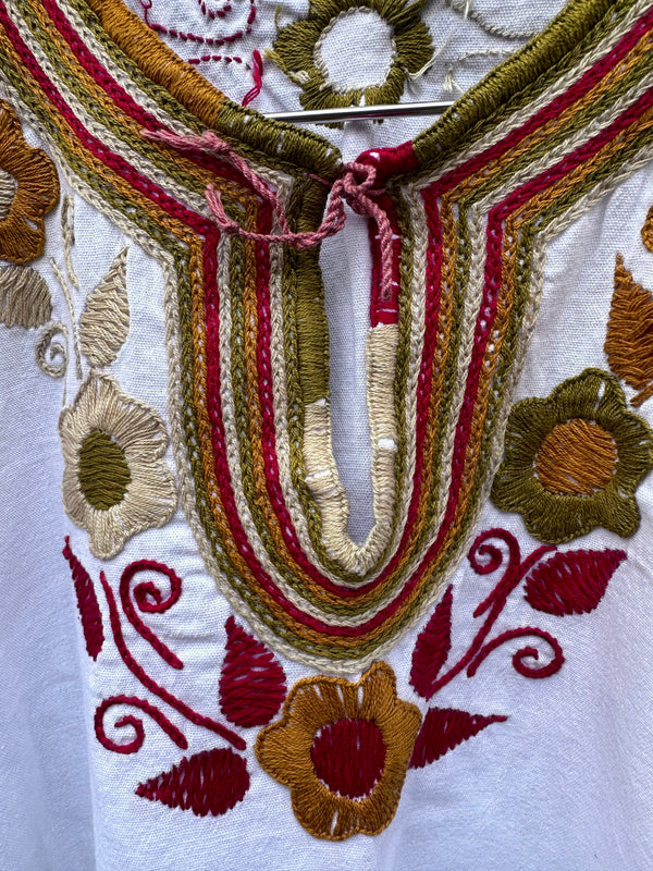Sleeveless Puebla Blouse with Red, Green & Gold Embroidery