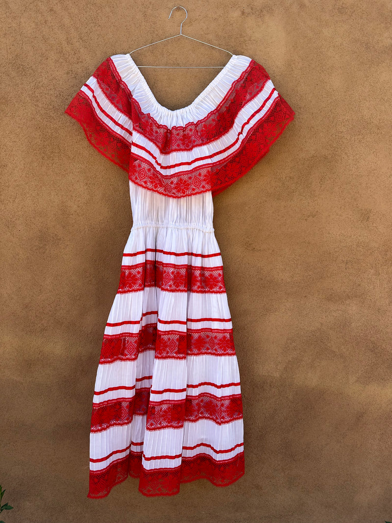 Red and White Mexican Dress - Peasant Dress