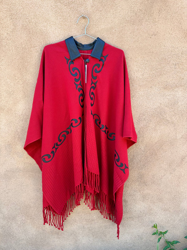 Red Poncho with Black Leather Detail and Fringe