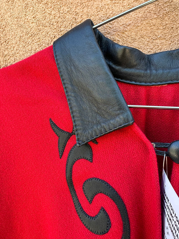 Red Poncho with Black Leather Detail and Fringe