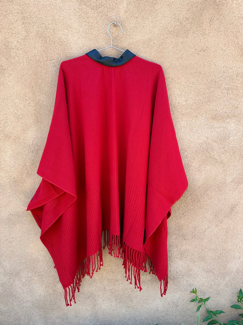 Red Poncho with Black Leather Detail and Fringe