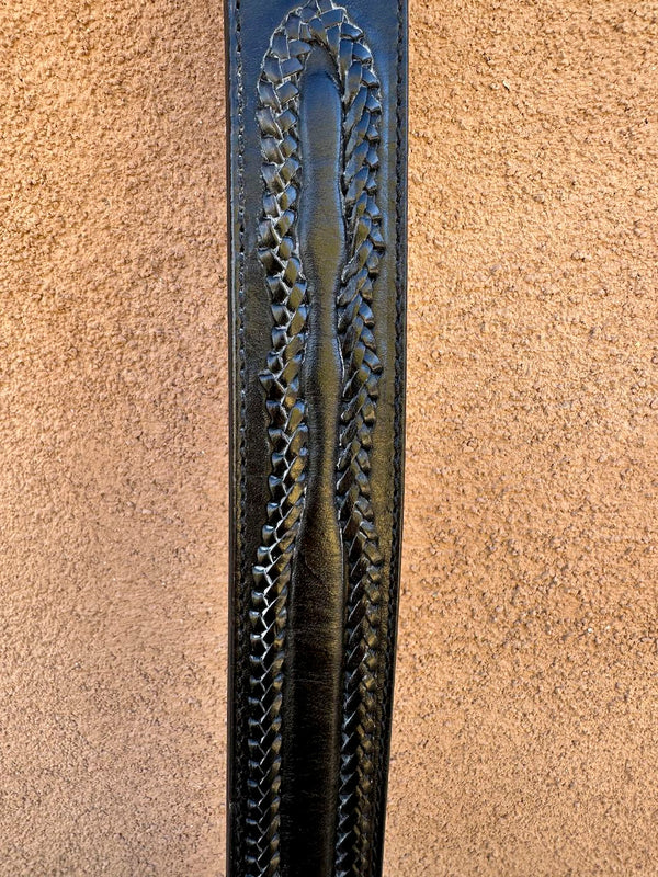 Black Leather Belt with Braided Leather Inlay, 38