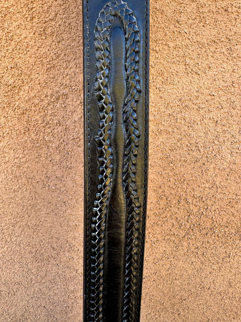Black Leather Belt with Braided Leather Inlay, 38