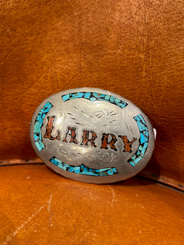 Turquoise, Coral and Silver "Larry" Belt Buckle