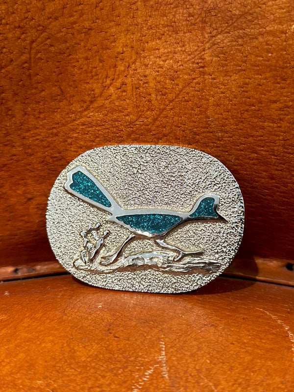 Silver Buckle with Turquoise Glitter Roadrunner