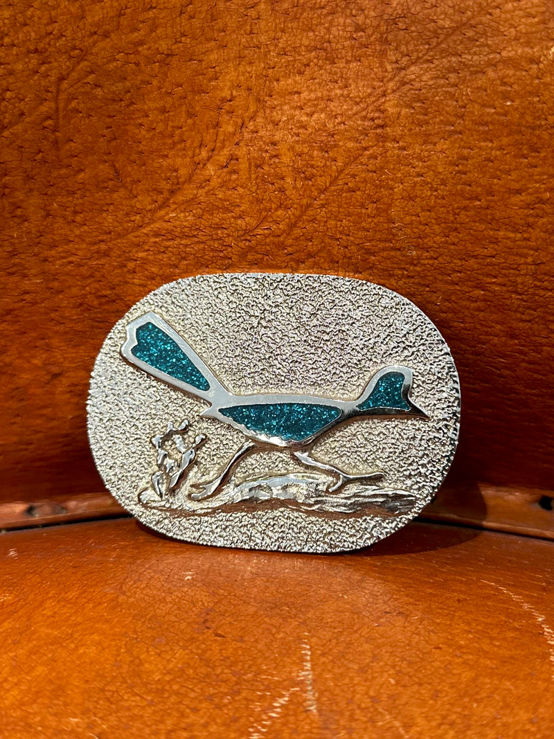 Silver Buckle with Turquoise Glitter Roadrunner