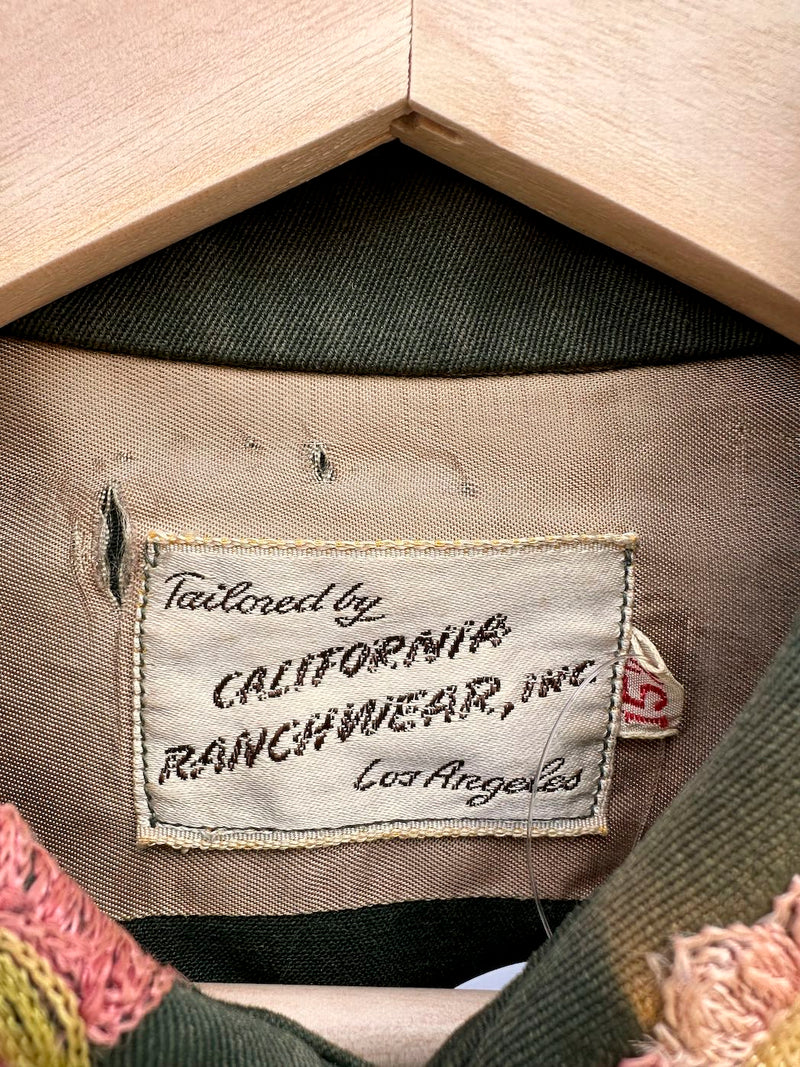 1940's Green Gabardine California Ranchwear, Inc. Embroidered Shirt 15 1/2
