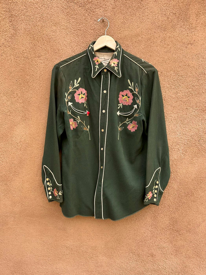 1940's Green Gabardine California Ranchwear, Inc. Embroidered Shirt 15 1/2