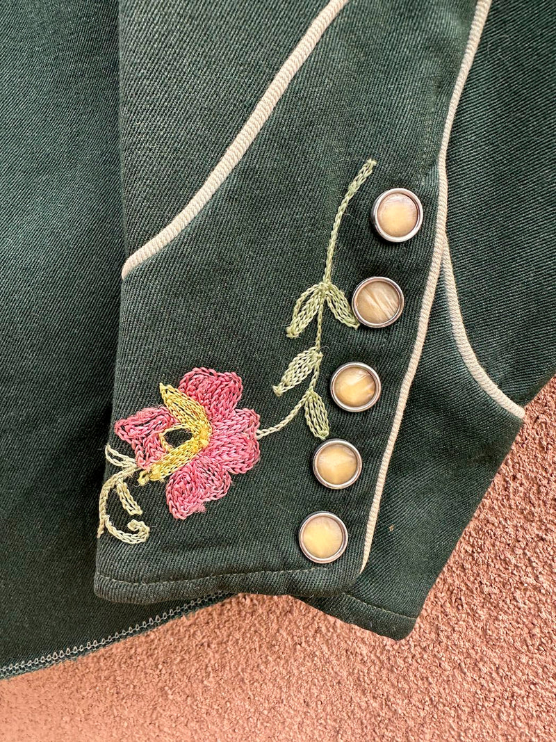 1940's Green Gabardine California Ranchwear, Inc. Embroidered Shirt 15 1/2