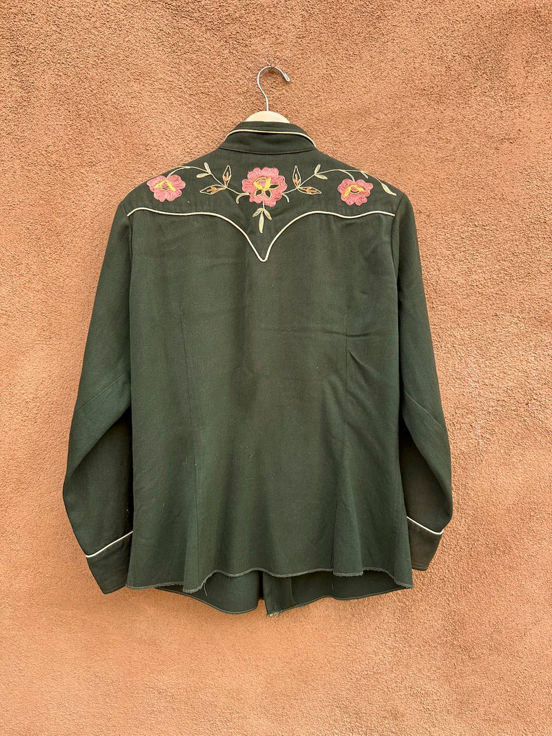 1940's Green Gabardine California Ranchwear, Inc. Embroidered Shirt 15 1/2
