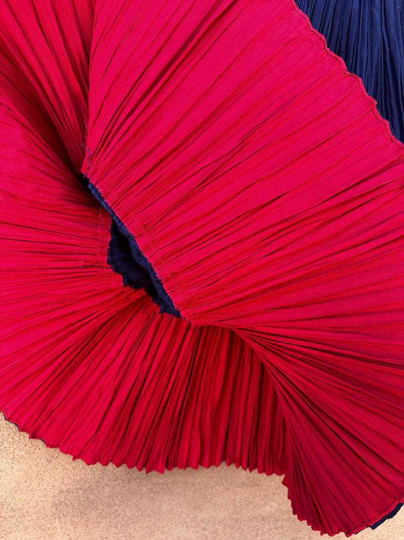 Navy Blue Pleated Broom Skirt with Red Underskirt