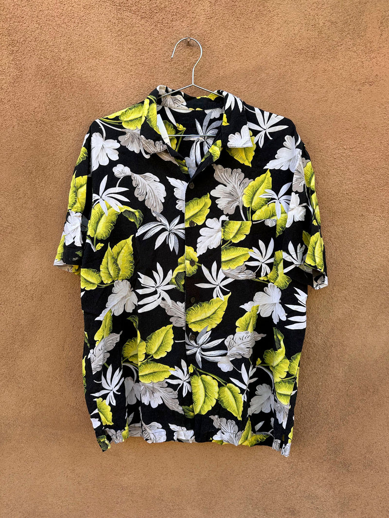 Neon Green Palm Leaf on Black Short Sleeve Button Up - Rayon