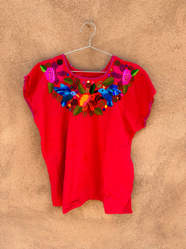 Red Puebla Blouse with Detailed Embroidery