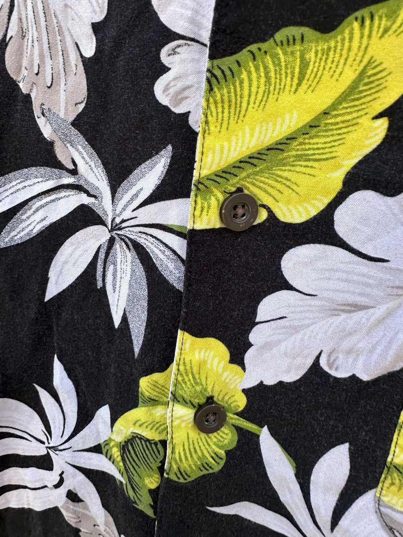 Neon Green Palm Leaf on Black Short Sleeve Button Up - Rayon