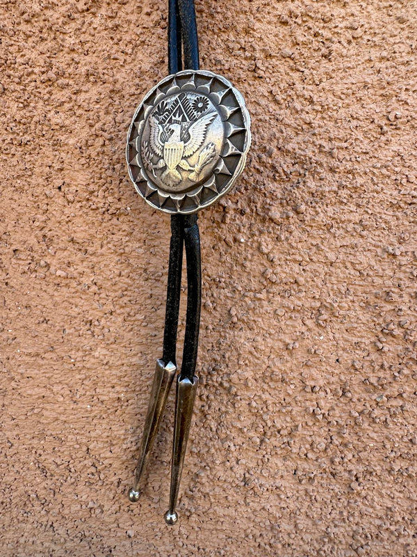 One of a Kind WWII Sterling Silver Carved Badge Bolo Tie - Navajo Code