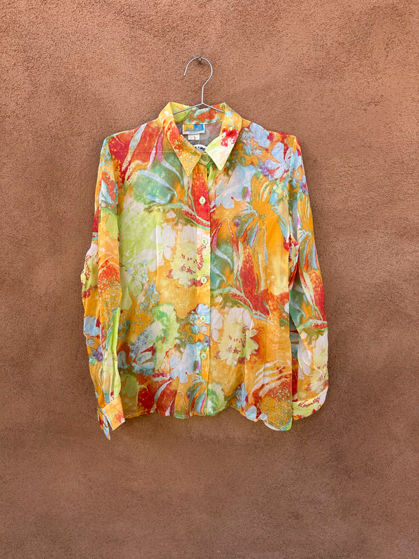 Sheer Sea Sun Floral Tie Dye Blouse - Made in USA