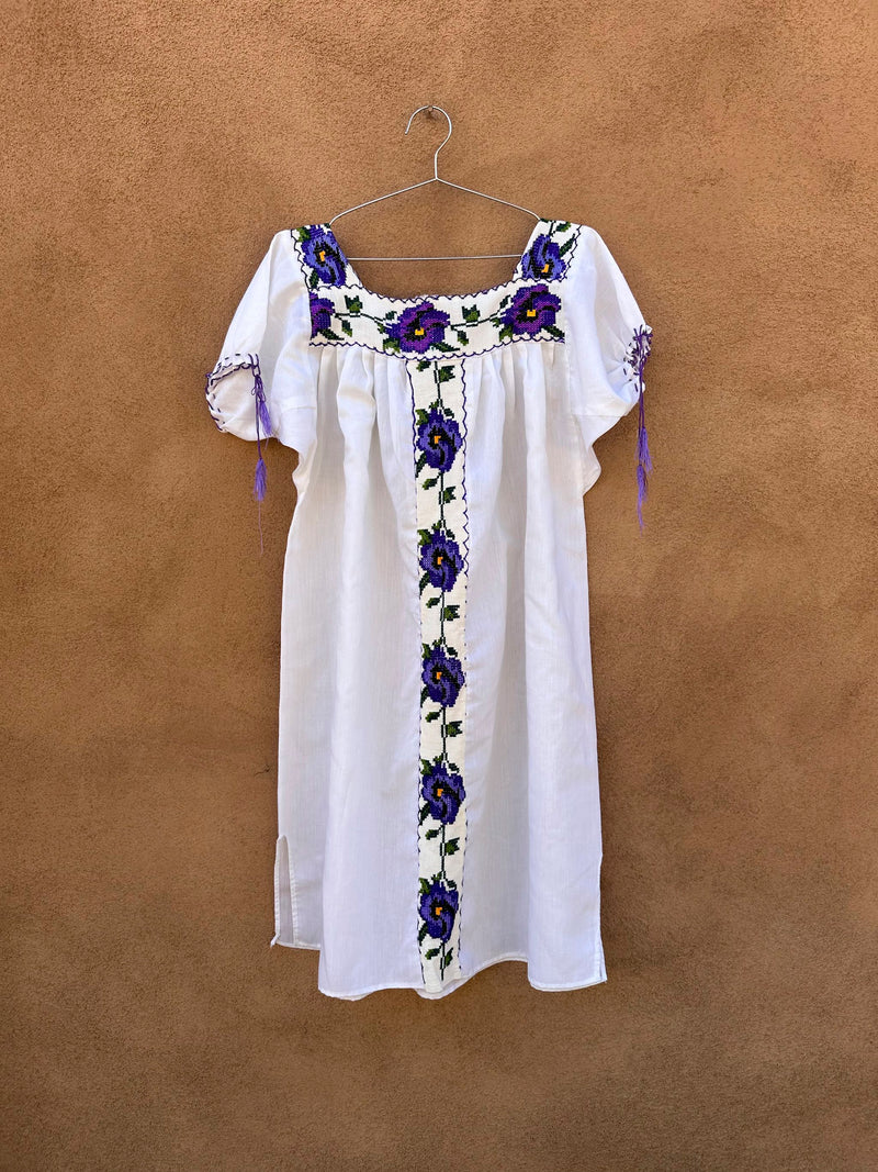 Embroidered Purple Flower Mexican Sack Dress
