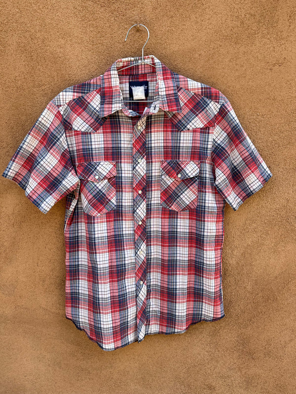 Red, White, and Blue Plaid Short Sleeve Wrangler Shirt