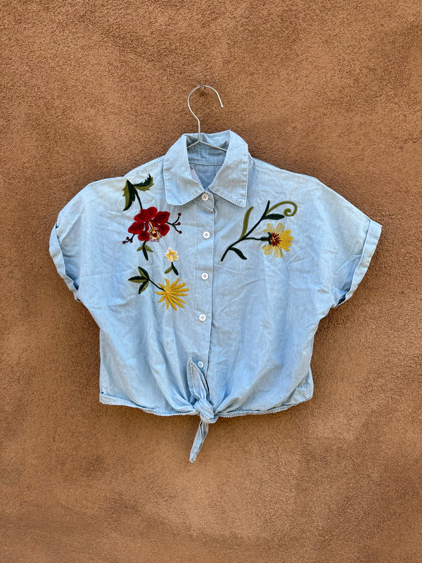Knot Front Blouse with Floral Embroidery