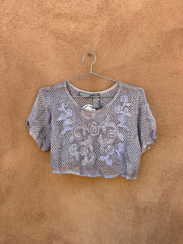 Cropped Fishnet Blouse with Floral Embroidery