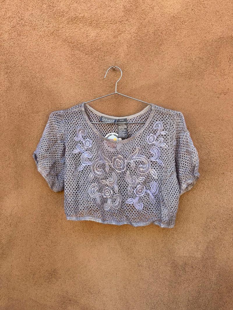 Cropped Fishnet Blouse with Floral Embroidery