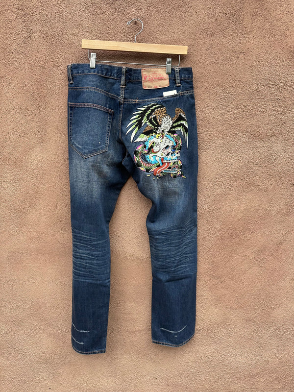 Ed Hardy Serpent Eagle Skull Embroidered Jeans