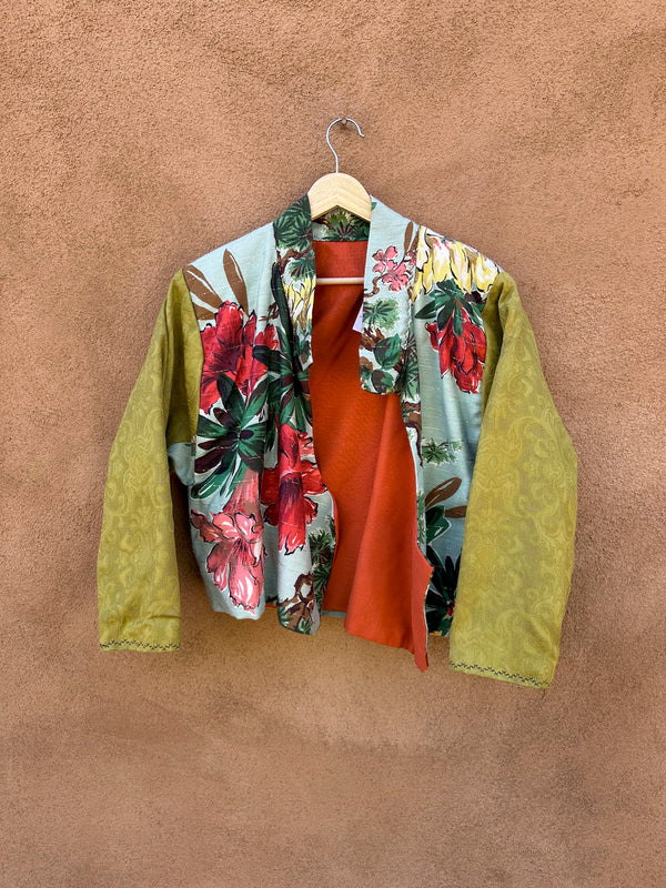 Cropped Floral Jacket with Green Sleeves