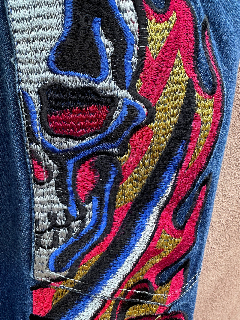Red & Blue Flame Skull Embroidered Skull Ed Hardy Jeans