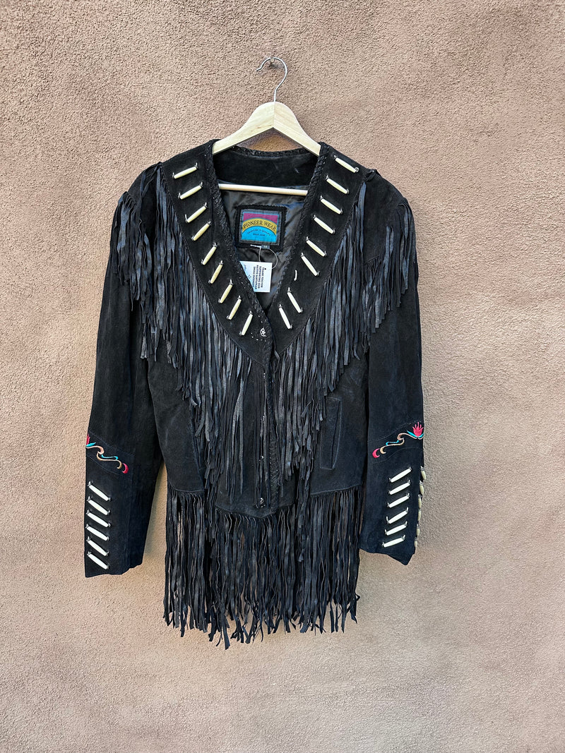 Black Suede Pioneer Wear Jacket with Fringe, Bone Beads & Embroidery