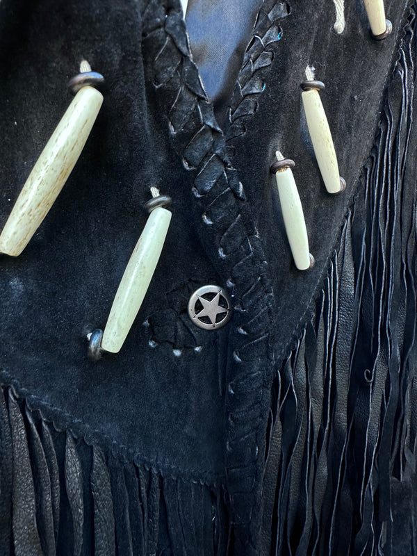 Black Suede Pioneer Wear Jacket with Fringe, Bone Beads & Embroidery