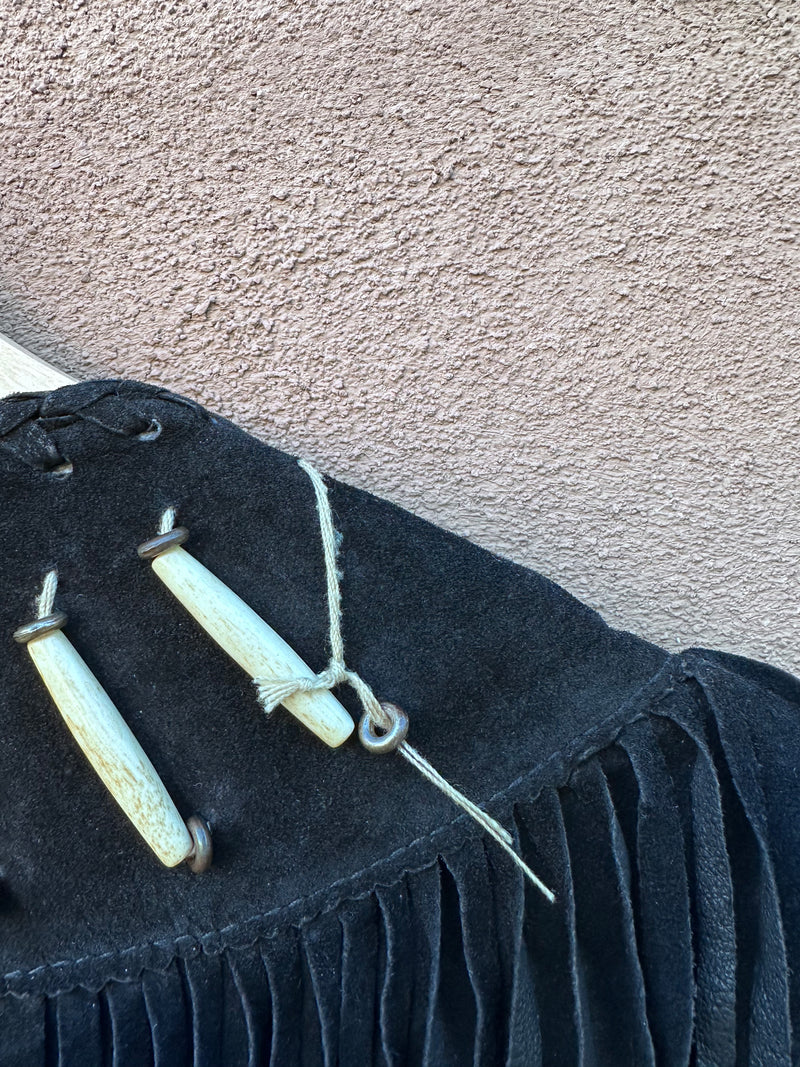 Black Suede Pioneer Wear Jacket with Fringe, Bone Beads & Embroidery