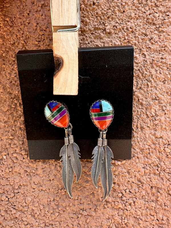 Stone Inlay Sterling Feather Earrings