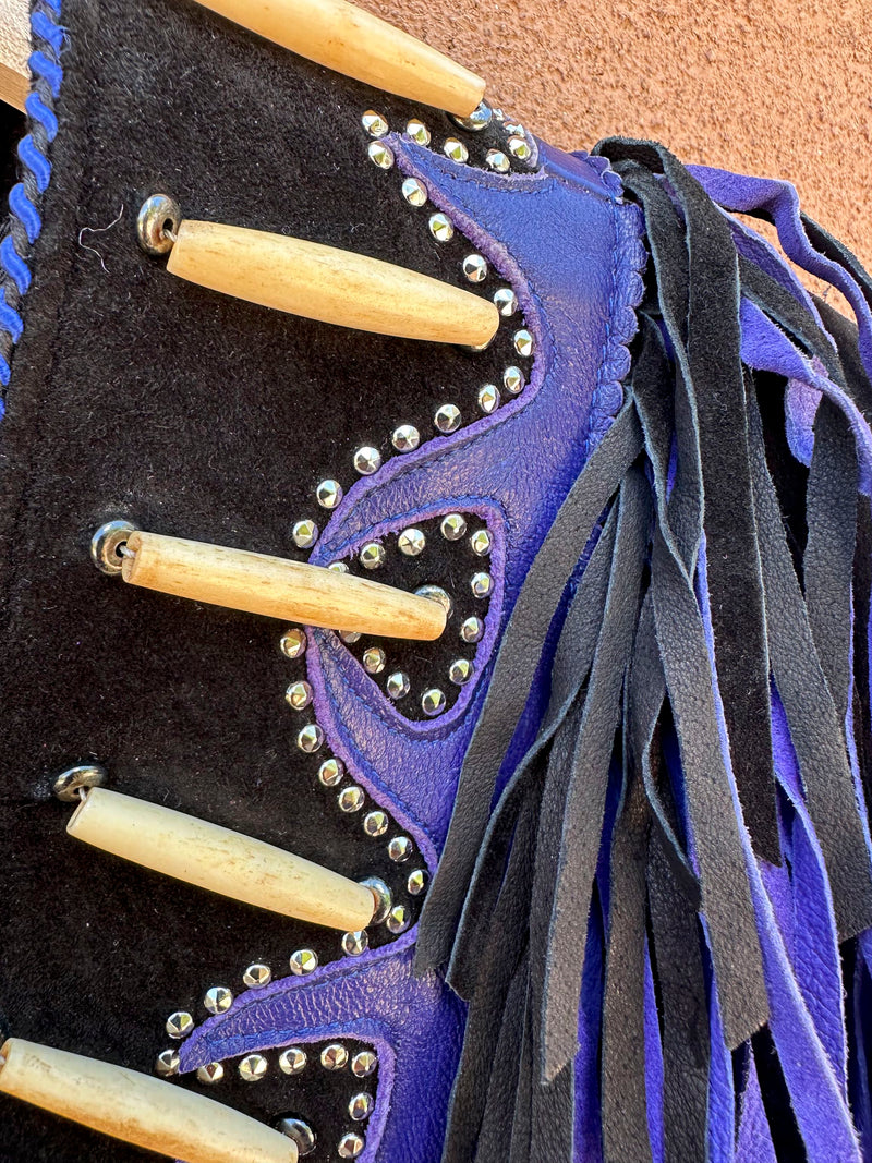 Purple & Black Suede Diamond Fringe Leather Jacket, 12