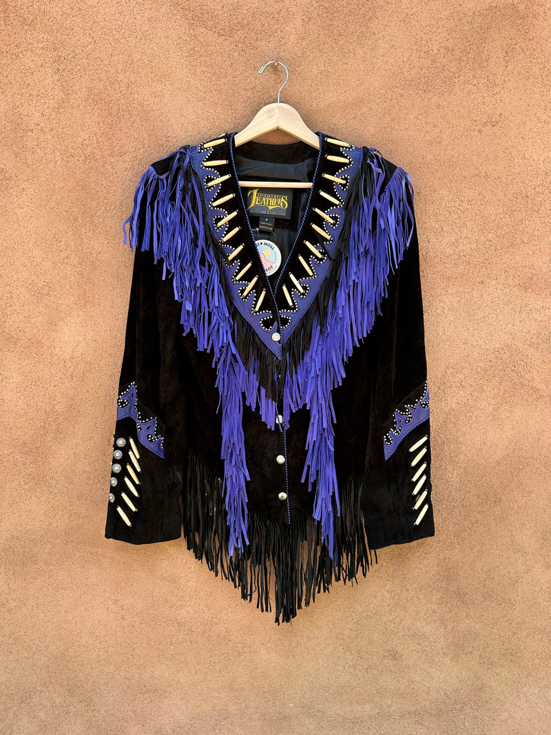 Purple & Black Suede Diamond Fringe Leather Jacket, 12