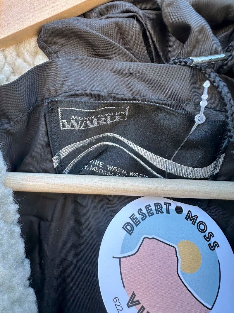 1960's Montgomery Ward Black Faux Shearling Quilted Jacket with Hood