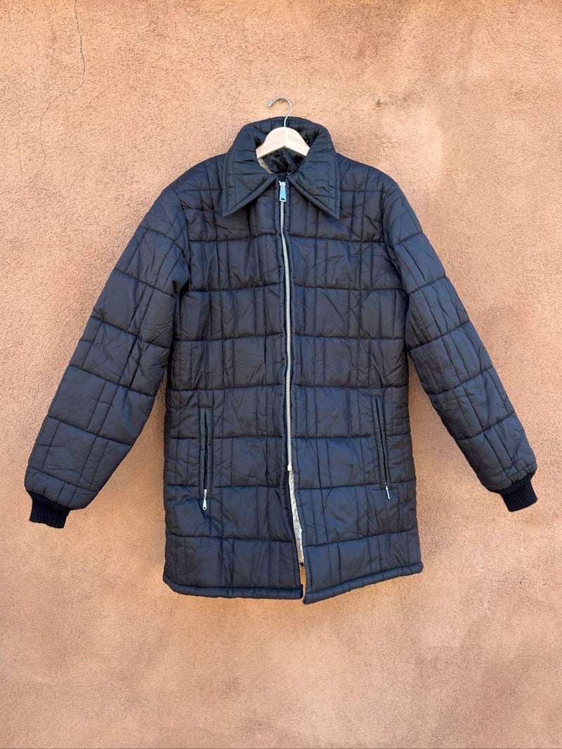 1960's Montgomery Ward Black Faux Shearling Quilted Jacket with Hood