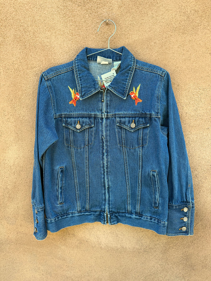 Embroidered Hummingbird Denim Jacket by Bill Blass