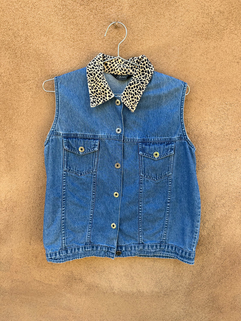 Agapo Denim Vest with Big Cat Pattern Detail