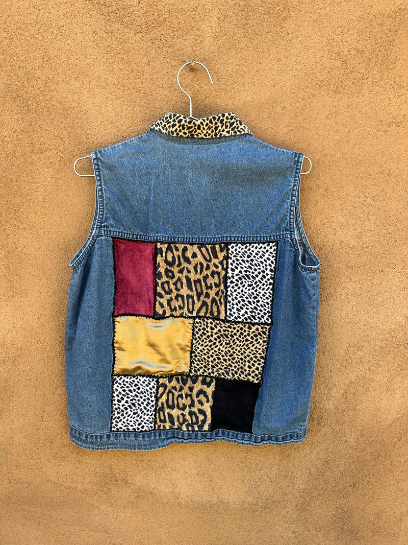 Agapo Denim Vest with Big Cat Pattern Detail