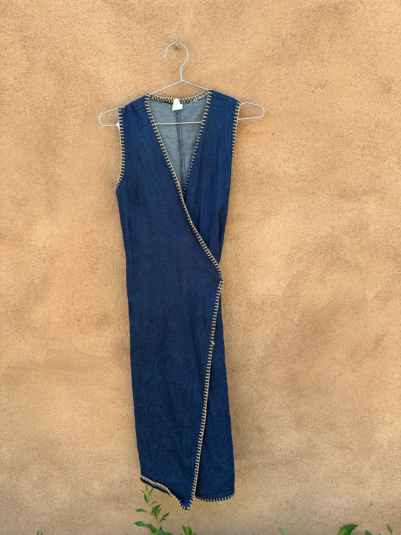 Sleeveless Denim Wrap Dress with Border Mattress Stitch