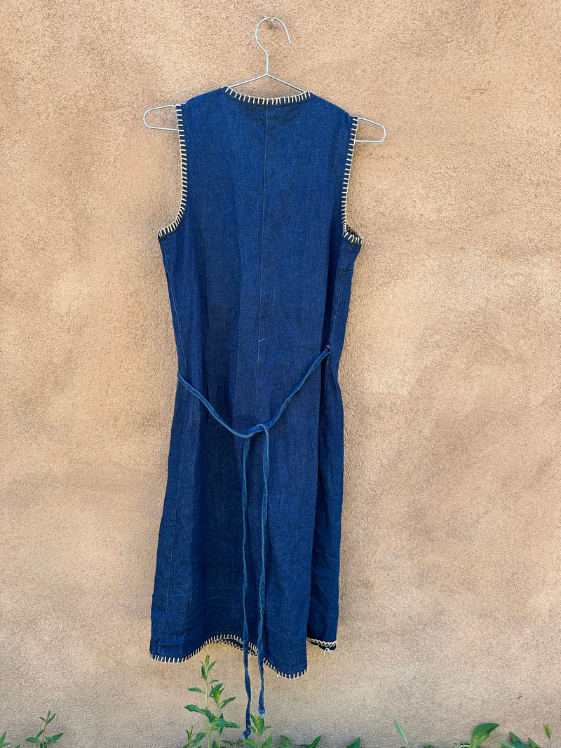 Sleeveless Denim Wrap Dress with Border Mattress Stitch