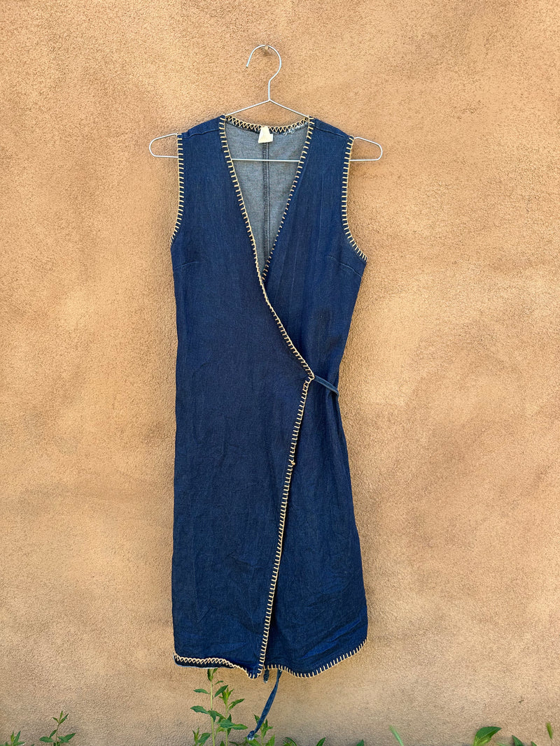 Sleeveless Denim Wrap Dress with Border Mattress Stitch