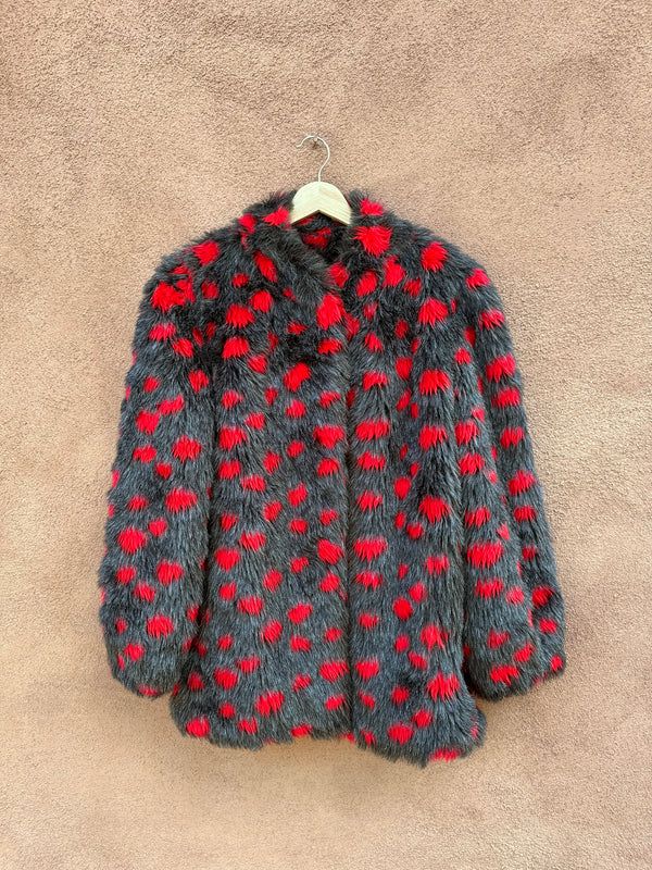 Faux Fur Jacket - Red Polka Dot on Gray