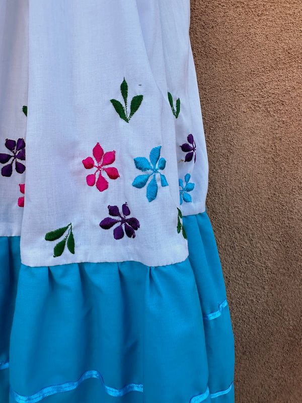 Blue & White Fiesta Dress with Floral Embroidery