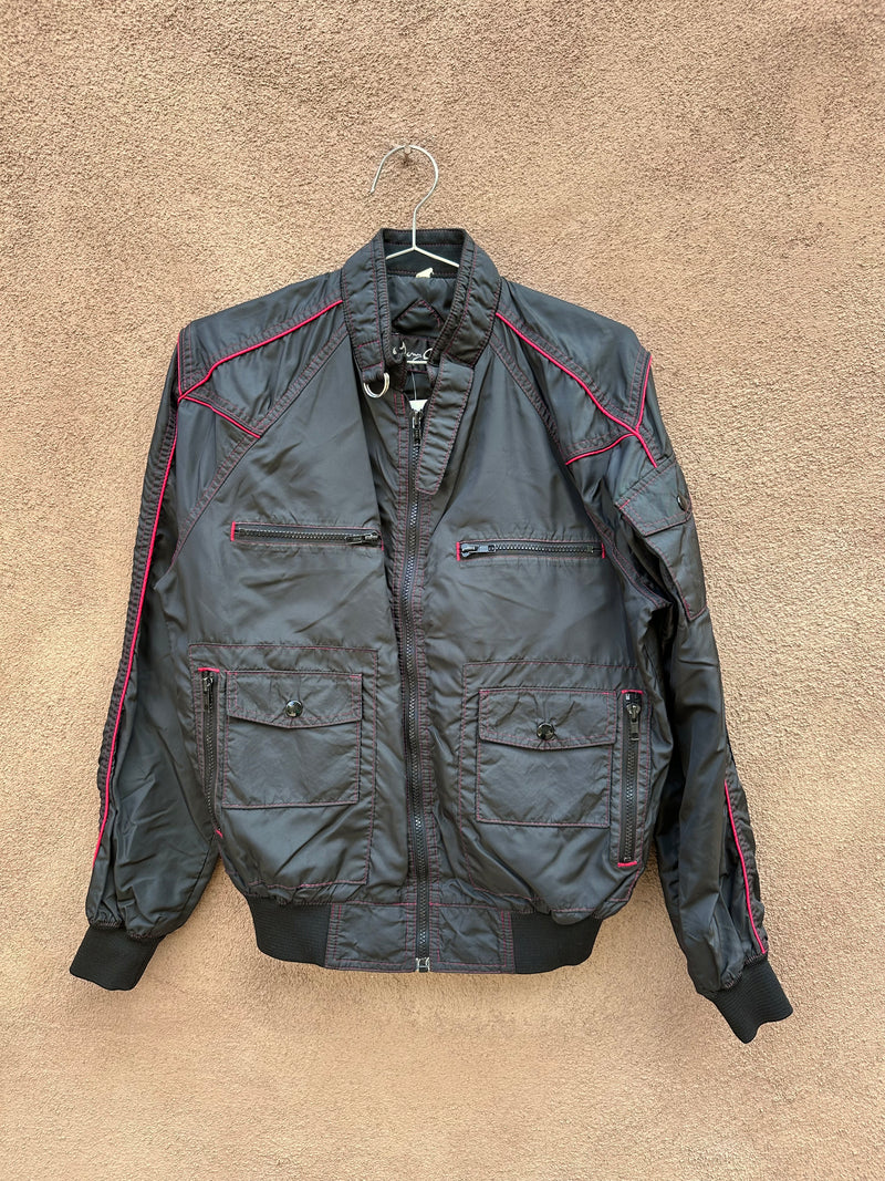 Black Satin Racing Jacket with Red Top Stitch