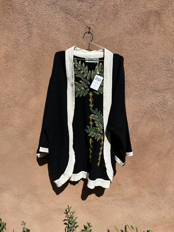 Linen Open Robe with Embroidered Detail - Hamsa Hand