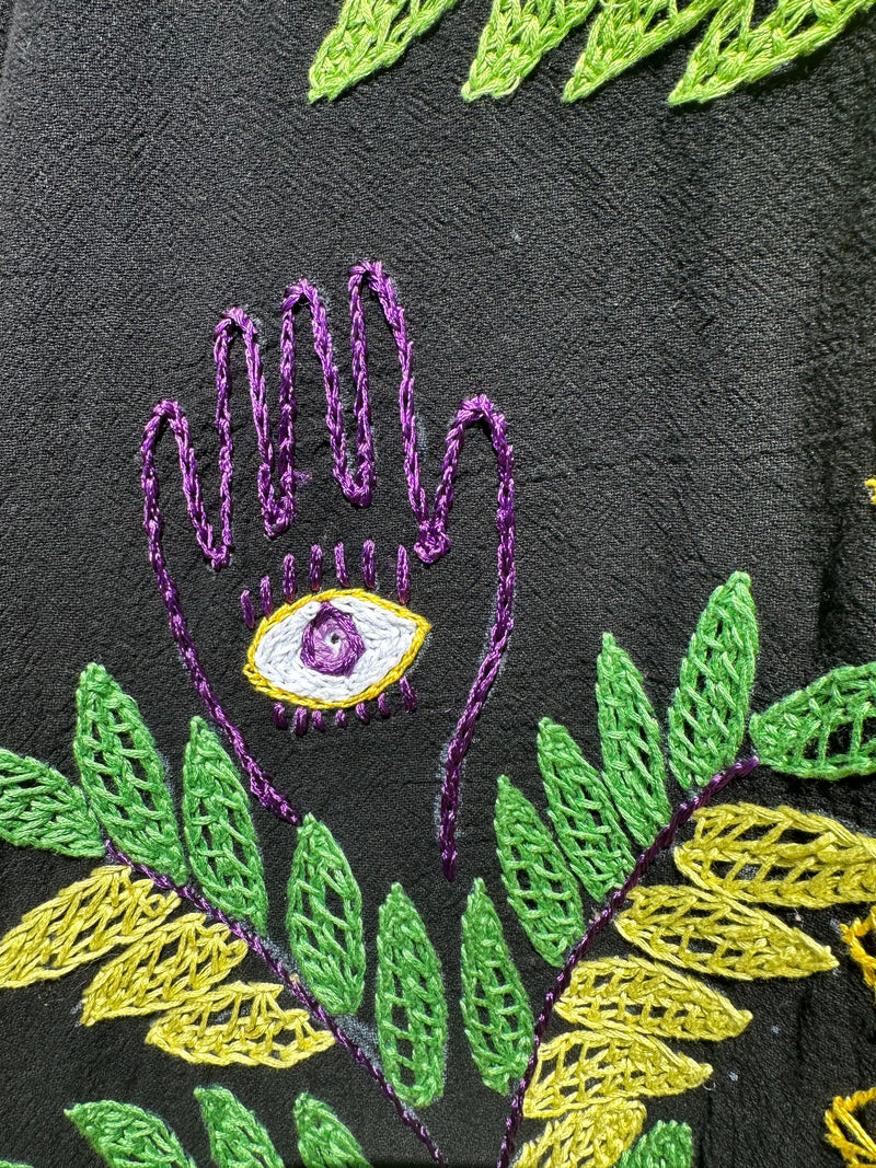 Linen Open Robe with Embroidered Detail - Hamsa Hand