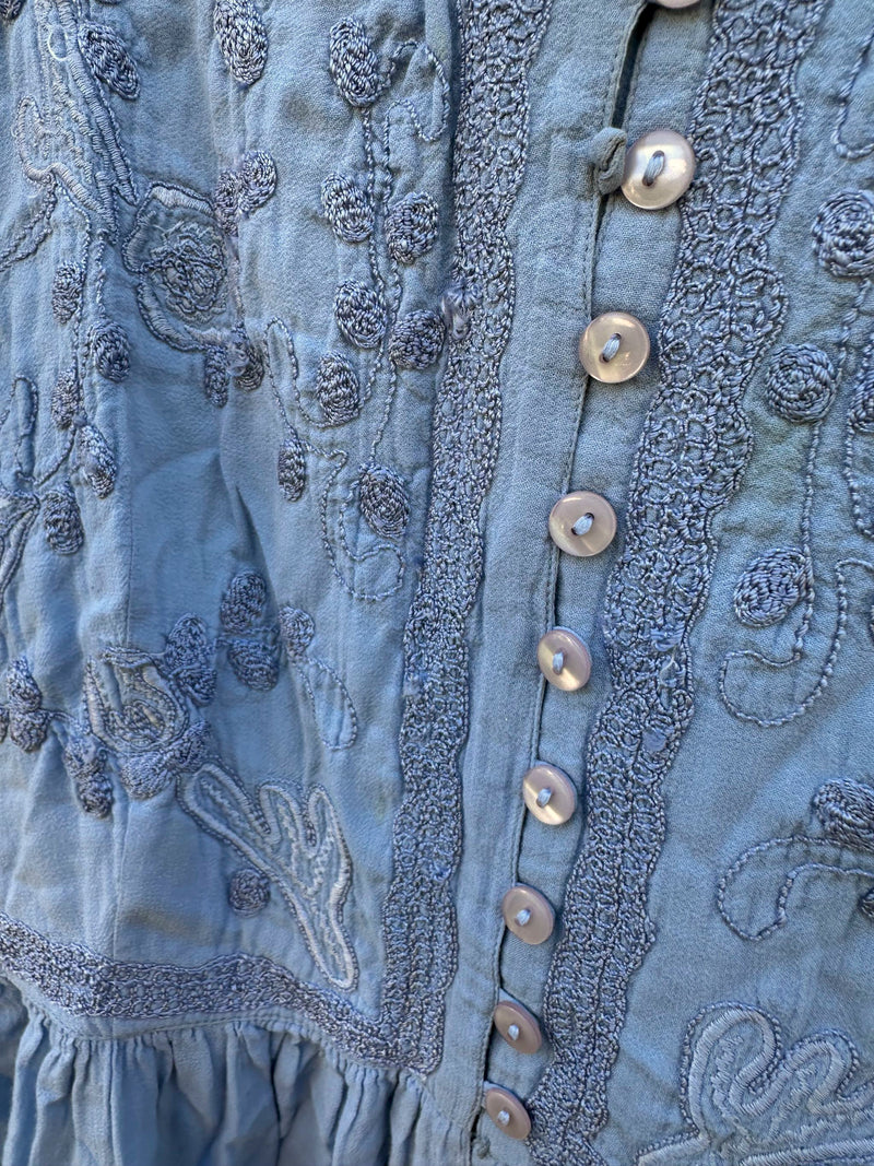 Embroidered Baby Blue Modern 1990's Prairie Dress