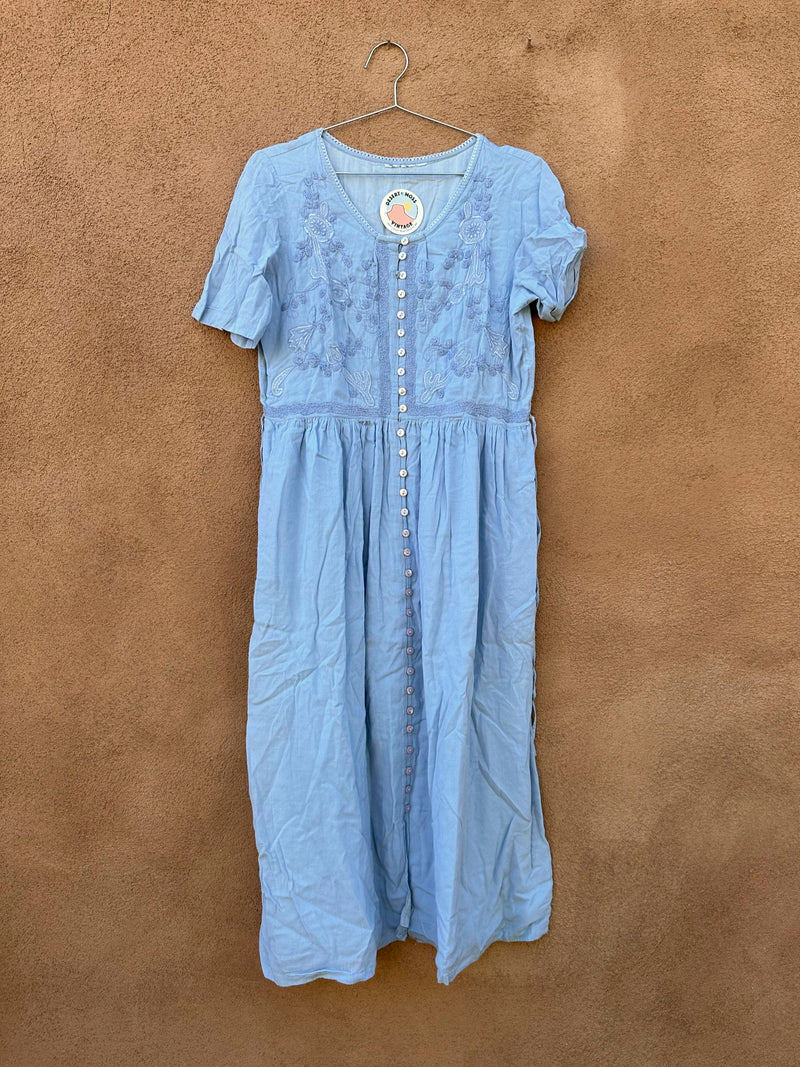 Embroidered Baby Blue Modern 1990's Prairie Dress
