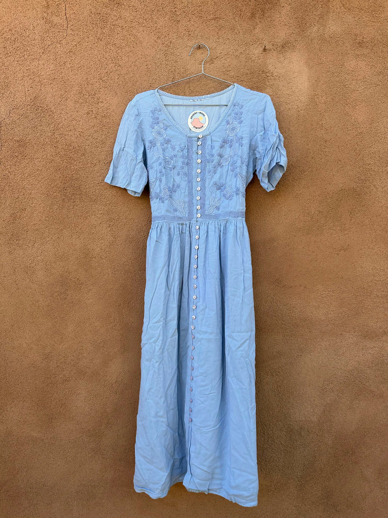 Embroidered Baby Blue Modern 1990's Prairie Dress